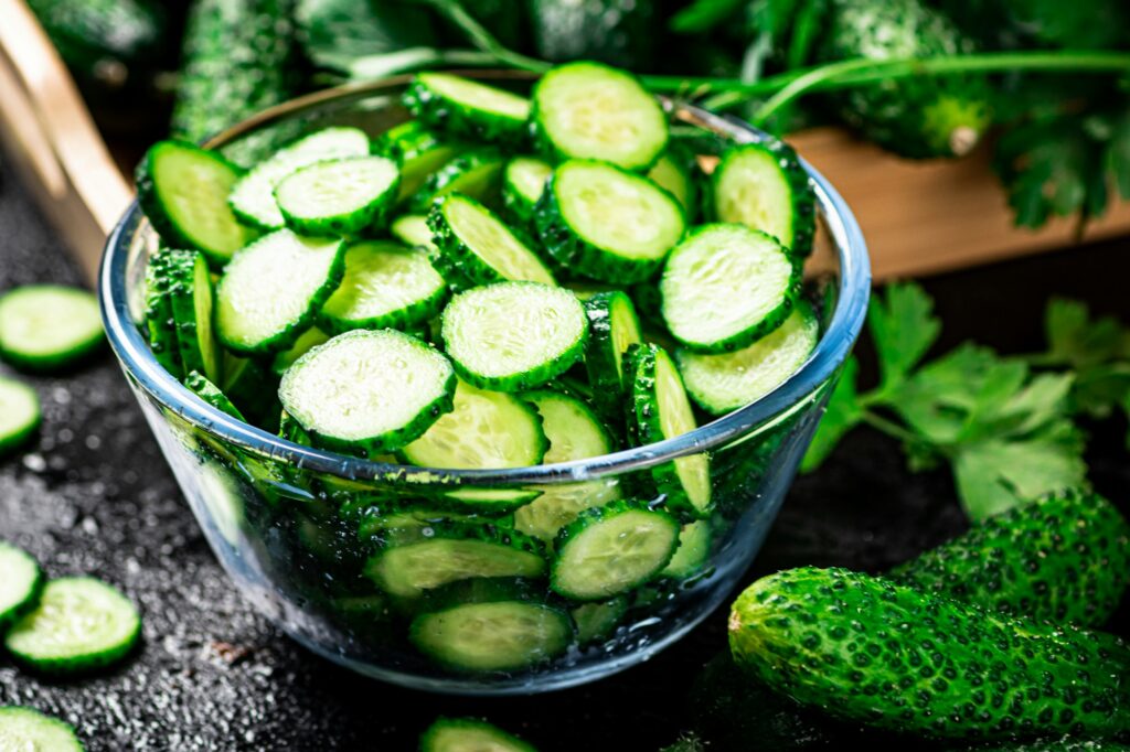 Ripe sliced cucumber in a bowl.