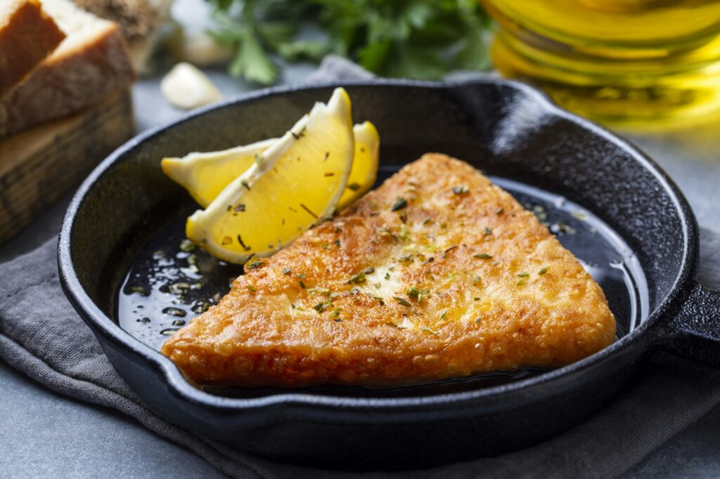 Saganaki is a Greek delicacy of fried cheese.